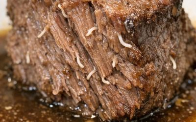 Pulled my beef roast out of the slow cooker and saw these weird white stringy things poking out of the meat. They look like little worms or parasites. Is the meat infested?