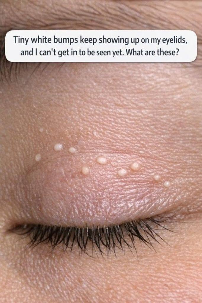 Tiny white bumps keep showing up on my eyelids, and I can’t get in to be seen yet. What are these?