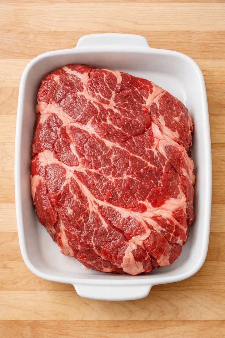 Toss a chuck roast in the baking dish with 4 other ingredients and watch your family come running back for seconds before you’ve even sat down